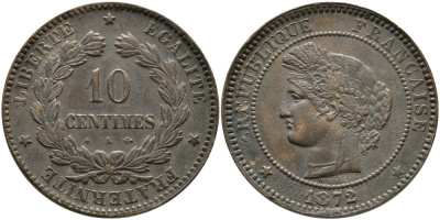 ФРАНЦИЯ 10 САНТИМОВ 1872 ТРЕТЬЯ РЕСПУБЛИКА (1871-1940) KM 815.1, LA FRANC 135.9 бронза 32-235
