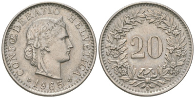 Швейцария 20 раппенов 1965 B KM 29a медно-никель 220-1245