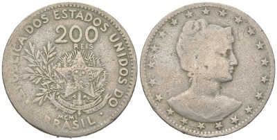 Бразилия 200 реалов 1901 MCMI, голова свободы вправо KM 504 медно-никель 4612-311