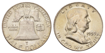 США 1/2 доллара (50 центов) 1959 Бенджамин Франклин, колокол KM 199 серебро aUNC 1528-245