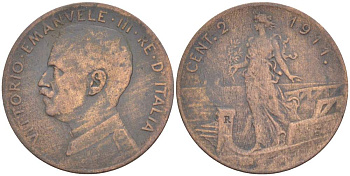 ИТАЛИЯ 2 ЧЕНТЕЗИМО 1911 R, МОНДВОР РИМ, ВИКТОР ЭММАНУИЛ III (1900-1946) KM 41 медь 4182-1242