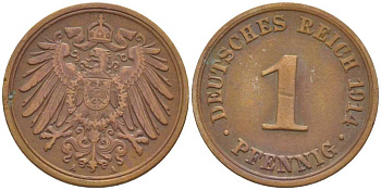 ГЕРМАНИЯ 1 ПФЕННИГ 1914 A KM 10, J. 10, Weege 2 медь 206-436