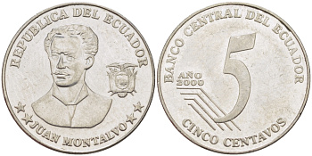 ЭКВАДОР 5 СЕНТАВО 2000 ХУАН МОНТАЛЬВО KM 105 сталь 31-331