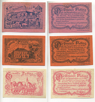 Австрия набор из 3 банкнот 1920 24 мая 1920 - 31 декабря 1920, нотгельд, 10, 20, 50 геллеров, PUCKING   бумага  aUNC  7555-9-1-1