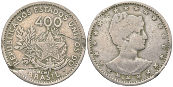 Бразилия 400 реалов 1901 MCMI, голова свободы вправо KM 505 медно-никель 4612-515