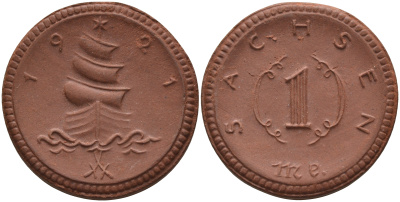 Саксония 1 марка 1921 парусник J. N 55 фарфор 1094-4-32