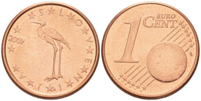 СЛОВЕНИЯ 1 ЕВРОЦЕНТ 2007 БЕЛЫЙ АИСТ KM 68 сталь плакированная медью UNC 214-414