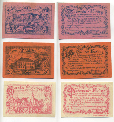 Австрия набор из 3 банкнот 1920 24 мая 1920 - 31 декабря 1920, нотгельд, 10, 20, 50 геллеров, PUCKING   бумага  aUNC  7555-9-1-1