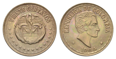 Колумбия 20 сентаво 1964 KM 215 медно-никель UNC 4662-612