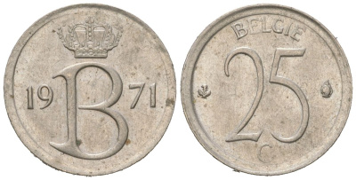 Бельгия 25 сантимов 1971 Belgie, Бодуэн I (1951-1993) KM 154.1 медно-никель UNC 261-1158