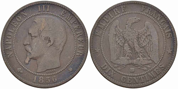 ФРАНЦИЯ 10 САНТИМОВ 1856 BB, НАПОЛЕОН III (1852-1870) KM 771.3, LE FRANC 133.34 бронза 38-1236