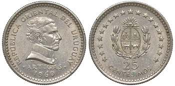 Уругвай 25 сентесимо 1960 KM 40 медно-никель 4532-235