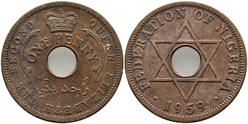 Нигерия 1 пенни 1959 Елизавета II (1952-), Британский протекторат KM 2 бронза 51-134
