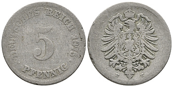 ГЕРМАНИЯ 5 ПФЕННИГОВ 1875 E, СТАРОГЕРБОВКА KM 3, J. 3 медно-никель 39-333