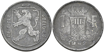 Бельгия 1 франк 1942 BELGIQUE-BELGIE, Леопольд III KM 127 цинк 4591-911