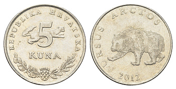 Хорватия 5 кун 2012 бурый медведь, четный год KM 23 медь цинк никель    4660-427