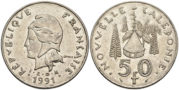 Французская Новая Каледония 50 франков 1991 хижина среди сосен и пальм, (IEOM) KM 13, Schoen 15, Lec 121 никель 4120-1234