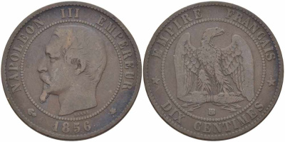 Франция 10 сантимов 1856 BB, Наполеон III (1852-1870) KM 771.3, Le Franc 133.34 бронза    4680-636