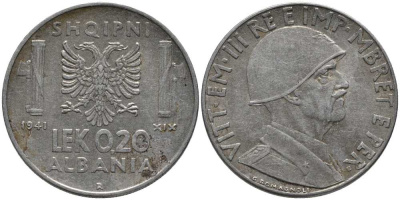 Албания 0,20 лека 1941 R, Итальянская оккупация KM 29 нержавеющая сталь 113-717