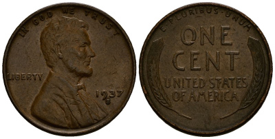 США 1 цент 1937 Линкольн, S KM 132 бронза 4164-814