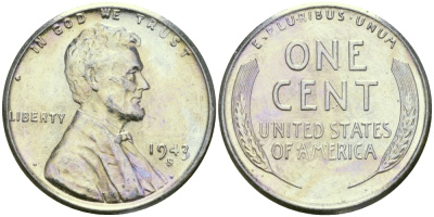 США 1 цент 1943 S (Сан-Франциско), Авраам Линкольн KM 132 a сталь плакированная цинком 96-1214