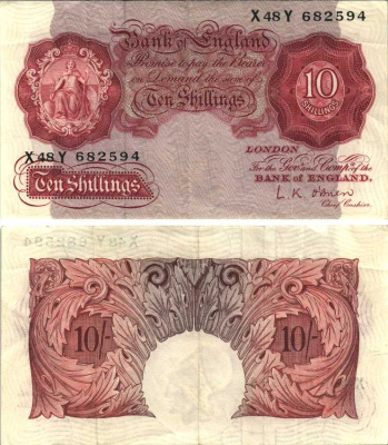 АНГЛИЯ 10 ШИЛЛИНГОВ 1955-1960 КОРИЧНЕВАЯ, ПОДПИСЬ L.K. O'BRIEN Pick 368c бумага VF 7217-3-1