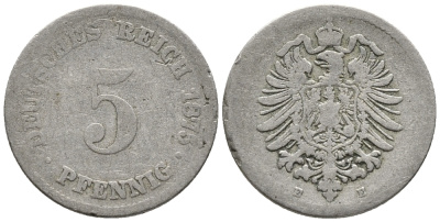 ГЕРМАНИЯ 5 ПФЕННИГОВ 1875 E, СТАРОГЕРБОВКА KM 3, J. 3 медно-никель 39-333