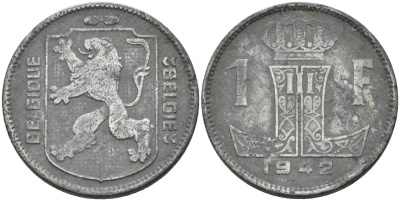Бельгия 1 франк 1942 BELGIQUE-BELGIE, Леопольд III KM 127 цинк 4591-911
