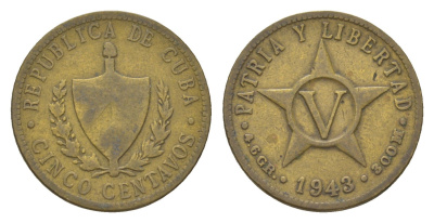 Куба 5 сентаво 1943 KM 11.3a латунь 4623-812
