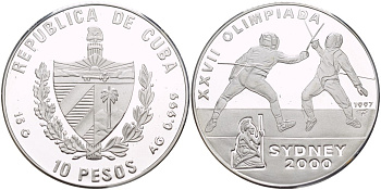 Куба 10 песо 1997 XXVII летние Олимпийские игры 2000 года в Сиднее 2000 года, фехтование KM 591 серебро PROOF 1071-2-62