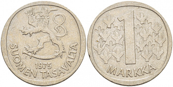 ФИНЛЯНДИЯ 1 МАРКА 1975 S KM 49а медно-никель 3718-1027