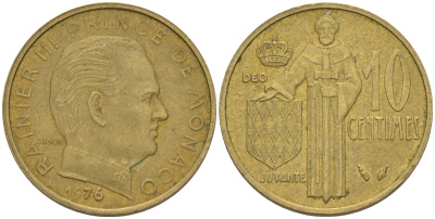 Монако 10 сантимов 1976 Ренье III (1949-2005) KM 142 алюминиевая бронза 188-1049