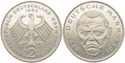 ФРГ 2 МАРКИ 1988 F ЛЮДВИГ ЭРХАРД J. 445, KM 170 медно-никель плакированный никелем 3856-313