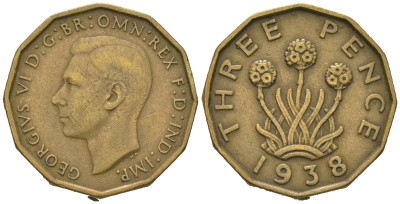 Великобритания 3 пенса 1938 Георг VI (1936-1952) KM 849, Spink 4112 никель латунь 4163-623