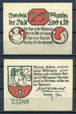 Лорх на Рейне (Пруссия, Гессен-Нассау) 25 пфеннигов 1920 DeNG 1/2 0815.1-2/2 бумага aUNC 7556-6-4-2