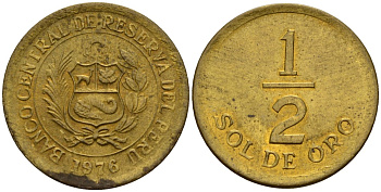 Перу 1/2 соля 1976 KM 265 латунь 4158-621
