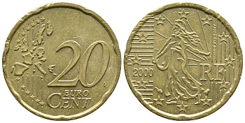 Франция 20 евроцентов 2000 KM 1286 латунь 36-1037