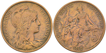 ФРАНЦИЯ 5 САНТИМОВ 1912 ТИП ДАНИЭЛЬ ДЮПЮИ KM 842, LE FRANC 119.24 бронза 202-111