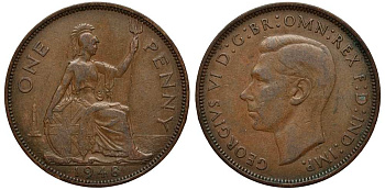 Великобритания 1 пенни 1948 Георг VI (1936-1952) KM 845, Spink 4114 бронза F 215-713