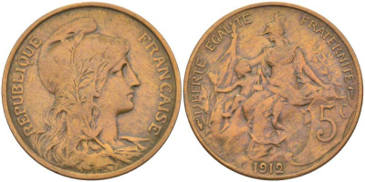 ФРАНЦИЯ 5 САНТИМОВ 1912 ТИП ДАНИЭЛЬ ДЮПЮИ KM 842, LE FRANC 119.24 бронза 202-111