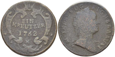 АВСТРИЯ 1 КРЕЙЦЕР 1762 K, МАРИЯ ТЕРЕЗИЯ (1740-1780) KM 1993 медь 180-534