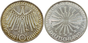 ФРГ 10 МАРОК 1972 J, ОЛИМПИАДА, СПИРАЛЬ J 401b, KM 134.1 серебро aUNC 1522-342