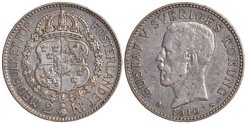Швеция 2 кроны 1910 W, Густав V (1907-1950) KM 787 серебро 4178-1246