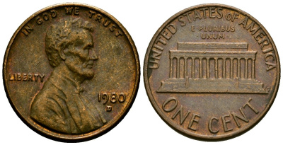 США 1 цент 1980 D, Авраам Линкольн KM 201 медь цинк 4136-965