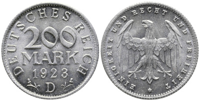 ГЕРМАНИЯ 200 МАРОК 1923 D KM 35, J. 304 алюминий UNC 24-834