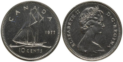 Канада 10 центов 1977 Елизавета II (1952-2022), парусник KM 77.1 никель UNC 218-764