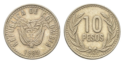 Колумбия 10 песо 1989 KM 281 медь цинк никель 4664-464