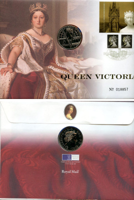 Великобритания 5 фунтов 2001 100 лет со дня смерти Королевы Виктории, в оригинальном конверте, с марками, первый день гашения KM 1015, Spink L9 медно-никель BU 4-3-3-33
