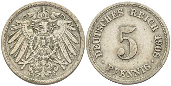 Германия 5 пфеннигов 1908 F KM 11, Jager 12, Weege 6 медно-никель 105-133