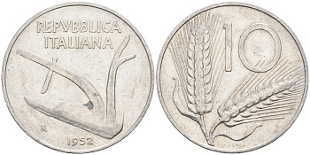Италия 10 лир 1952 R, плуг KM 93 алюминий    4595-144